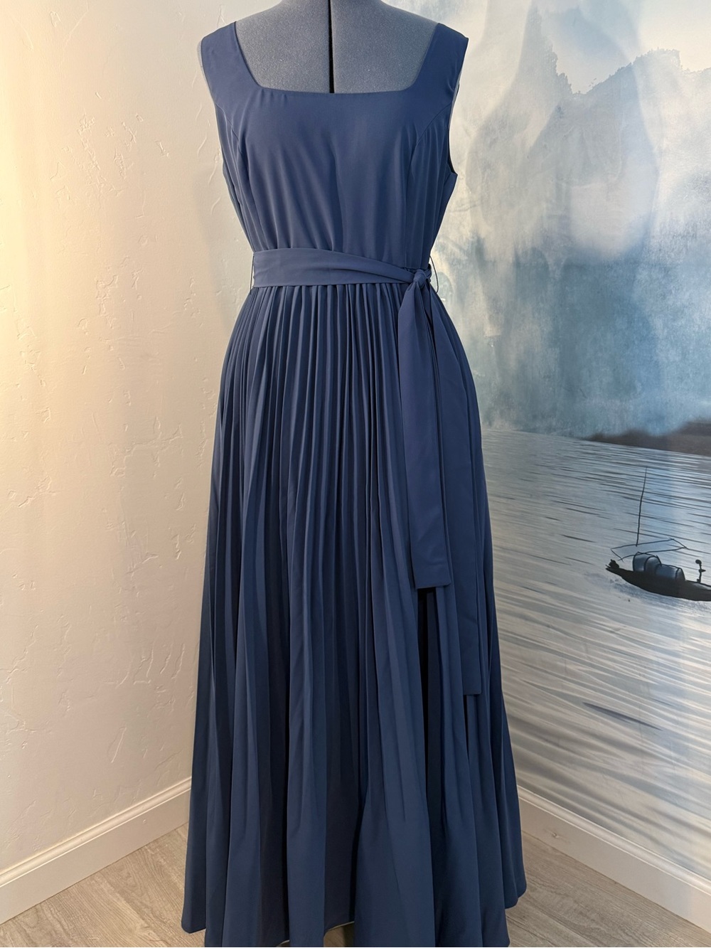 Sleeveless Pleated Maxi Dress in Deep Blue with Waist Tie 209